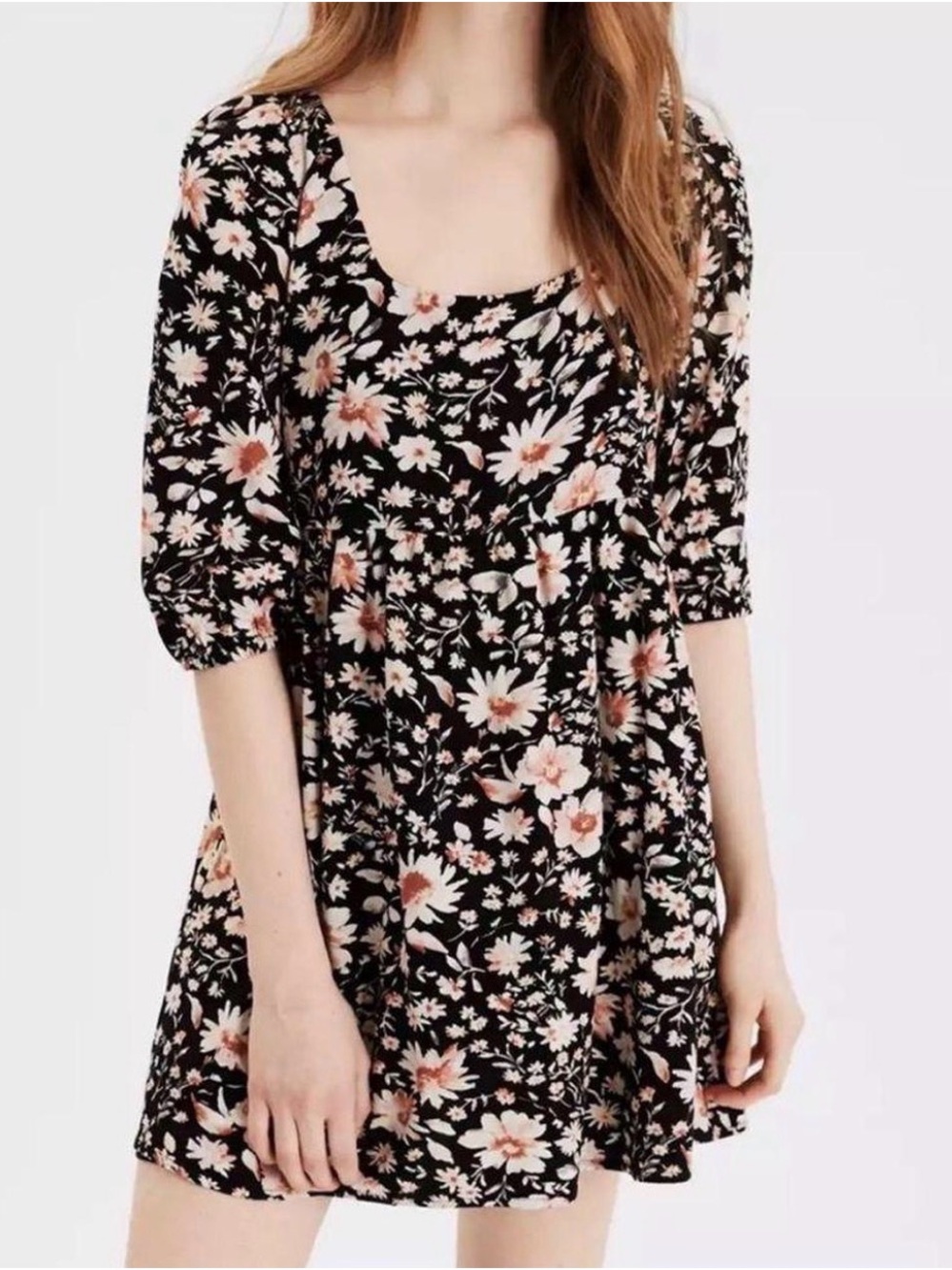 American Eagle Black Mini Dress Pink Cream Flower Floral Print Open Back